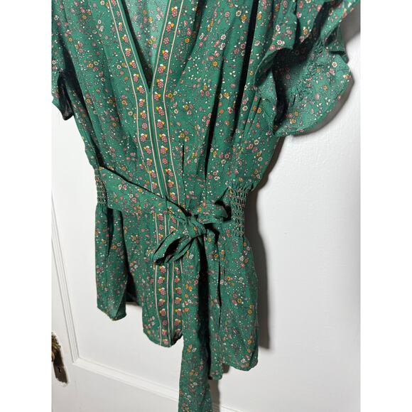 Max Studio Green Floral Ruffle Faux Wrap Short Sleeve Boho Top Blouse Medium - Picture 6 of 9